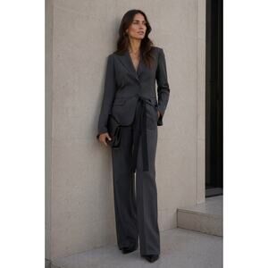 Hugo Boss Women’s Suit Wide Leg Charcoal Gray Belt Blazer Pants 6 Terenzia